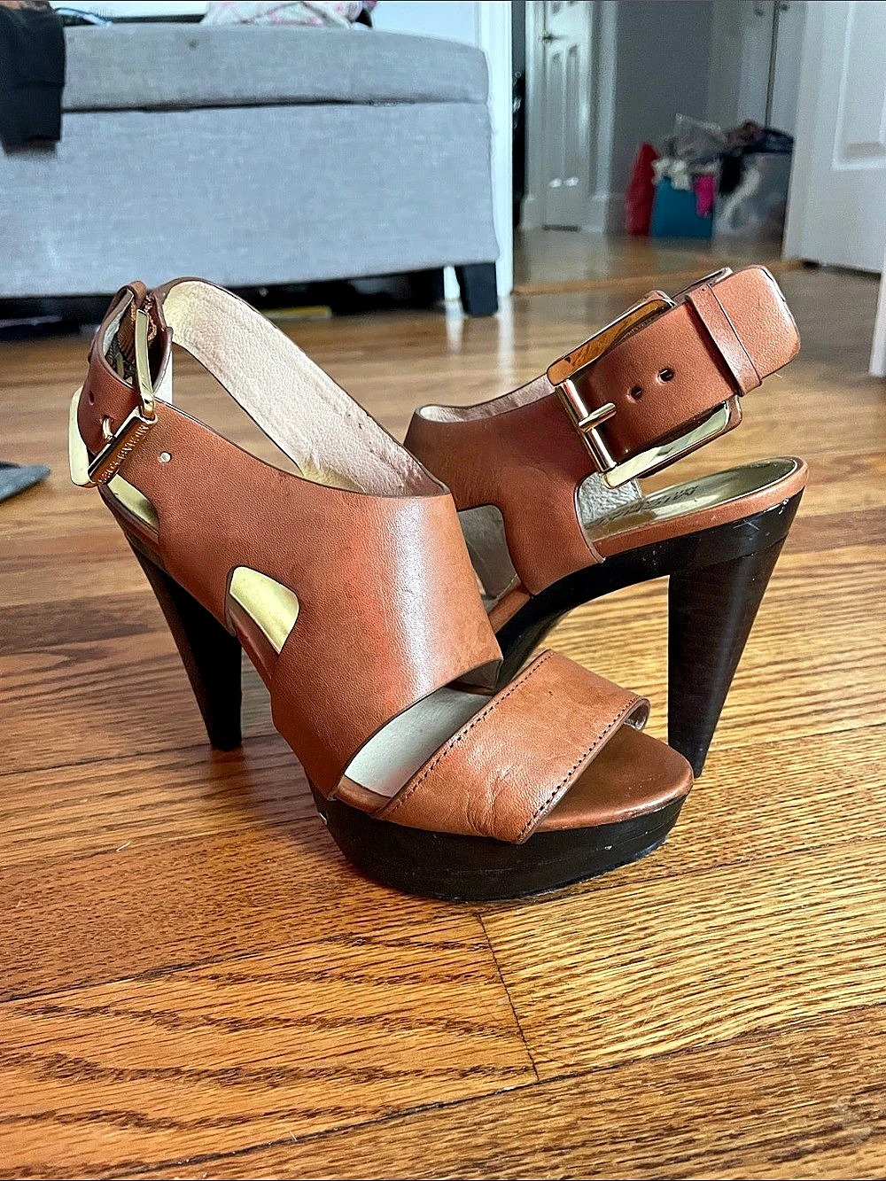 Michael Kors Heeled Leather Sandal Cognac Brown Platform Heels